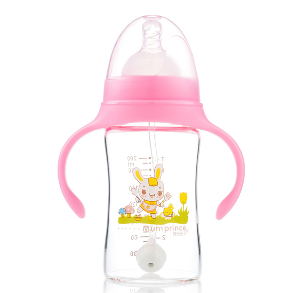 媽咪王子晶鉆玻璃自動(dòng)吸寬口200ml奶瓶 粉色