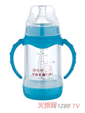 優(yōu)嘻噯雙柄全自動防爆玻璃奶瓶150ml藍(lán)色
